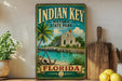 A vintage-style sign for Indian Key Historic State Park in Florida, featuring a tropical beach scene with palm trees, a small building, and a body of water.