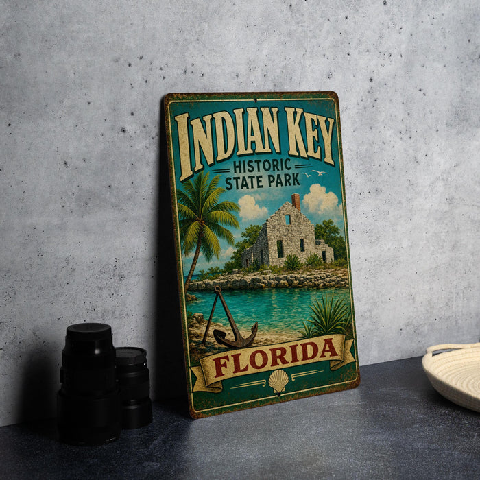 A vintage-style metal sign for Indian Key Historic State Park in Florida, featuring a tropical beach scene with palm trees and a house.