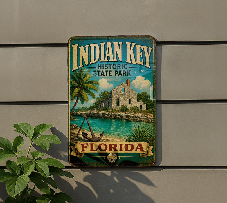 A vintage-style sign for Indian Key Historic State Park in Florida, featuring a tropical beach scene with palm trees and a small building.