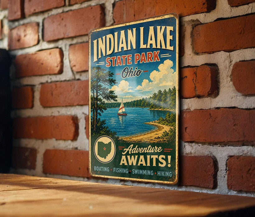 A vintage metal sign advertising Indian Lake State Park in Ohio, featuring a scenic illustration of a lake surrounded by trees and a sailboat.