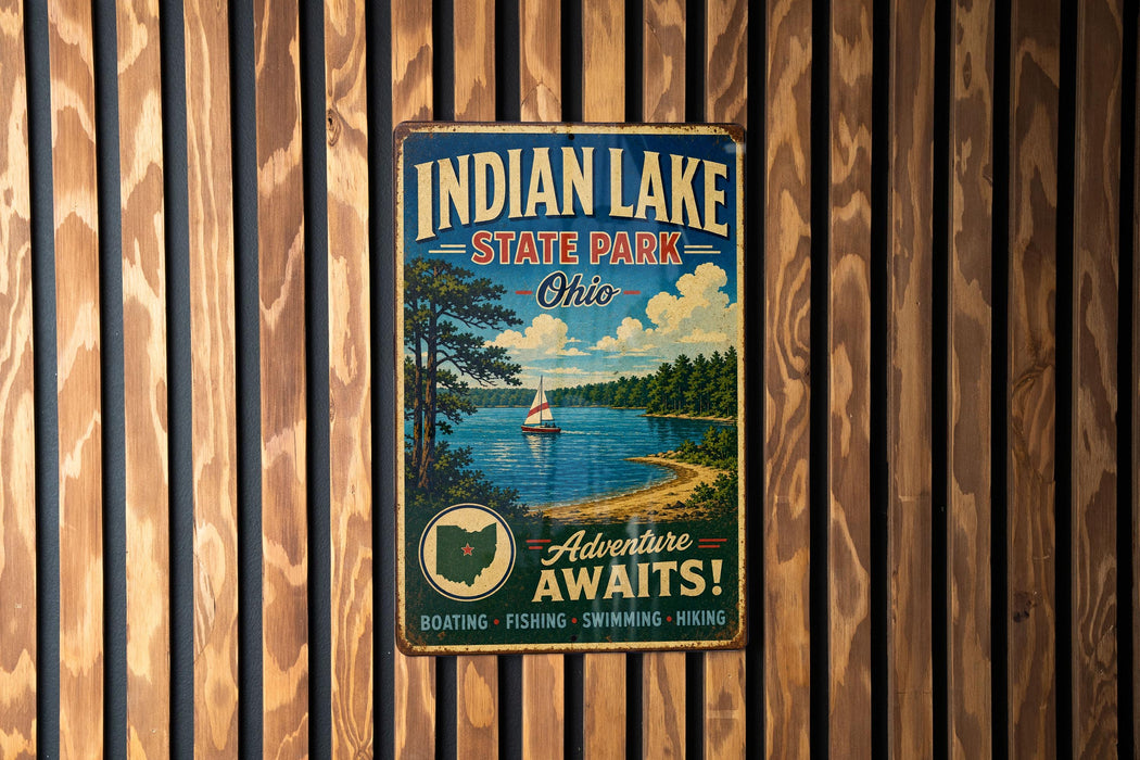A vintage-style metal sign for Indian Lake State Park in Ohio, featuring a scenic image of a lake with a sailboat and a forested shoreline.