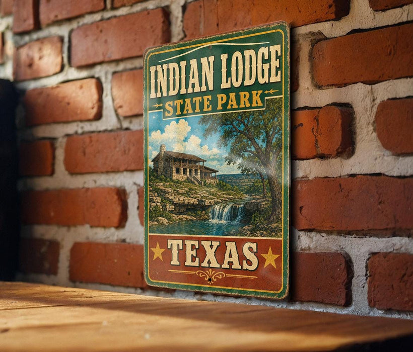 A vintage-style metal sign for Indian Lodge State Park in Texas, featuring a scenic image of a cabin and waterfall.