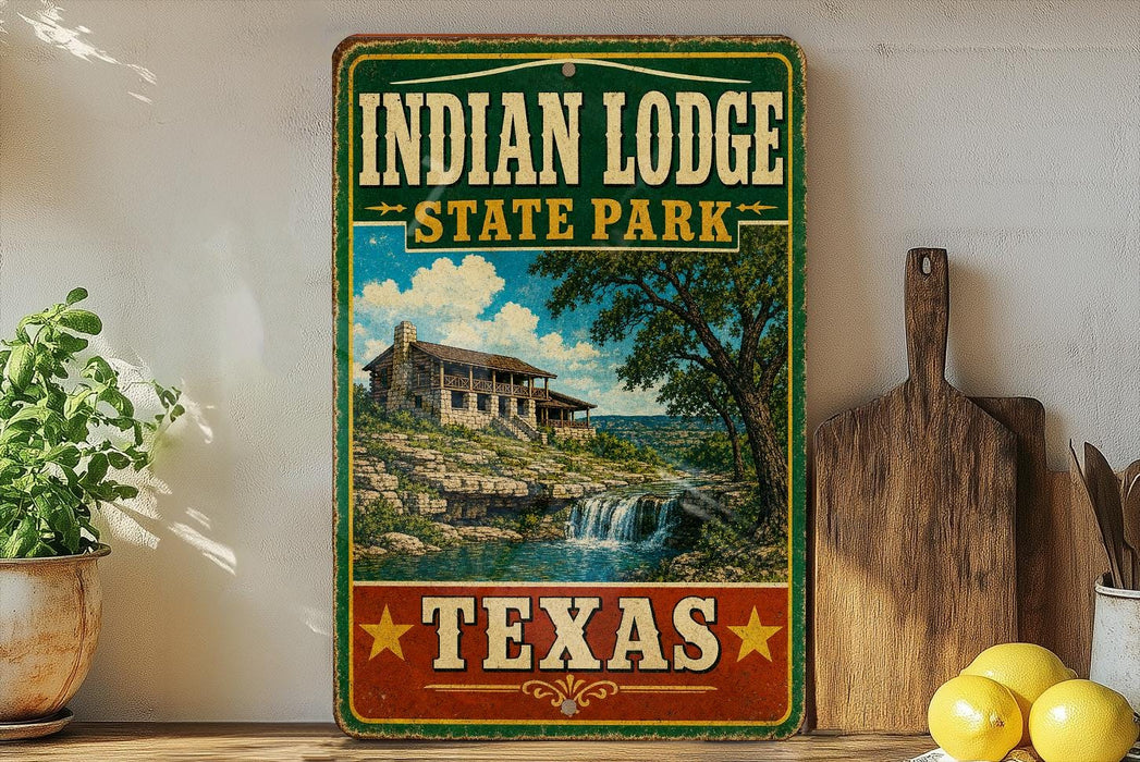 A vintage-style sign for Indian Lodge State Park in Texas, featuring a scenic landscape with a waterfall and a cabin.