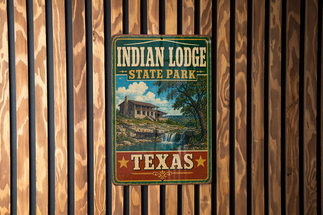 A vintage-style metal sign for Indian Lodge State Park in Texas, featuring a scenic illustration of a cabin and waterfall.