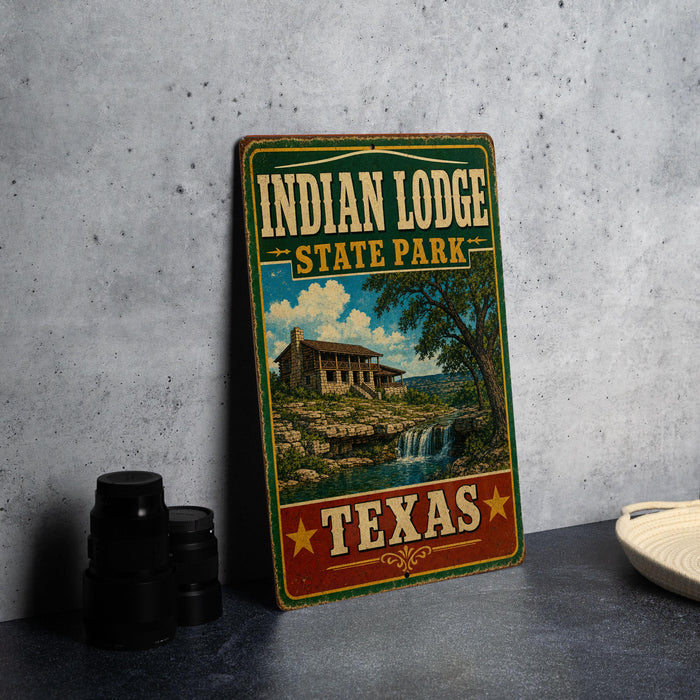 A vintage-style sign for Indian Lodge State Park in Texas, featuring an illustration of a lodge and a waterfall.