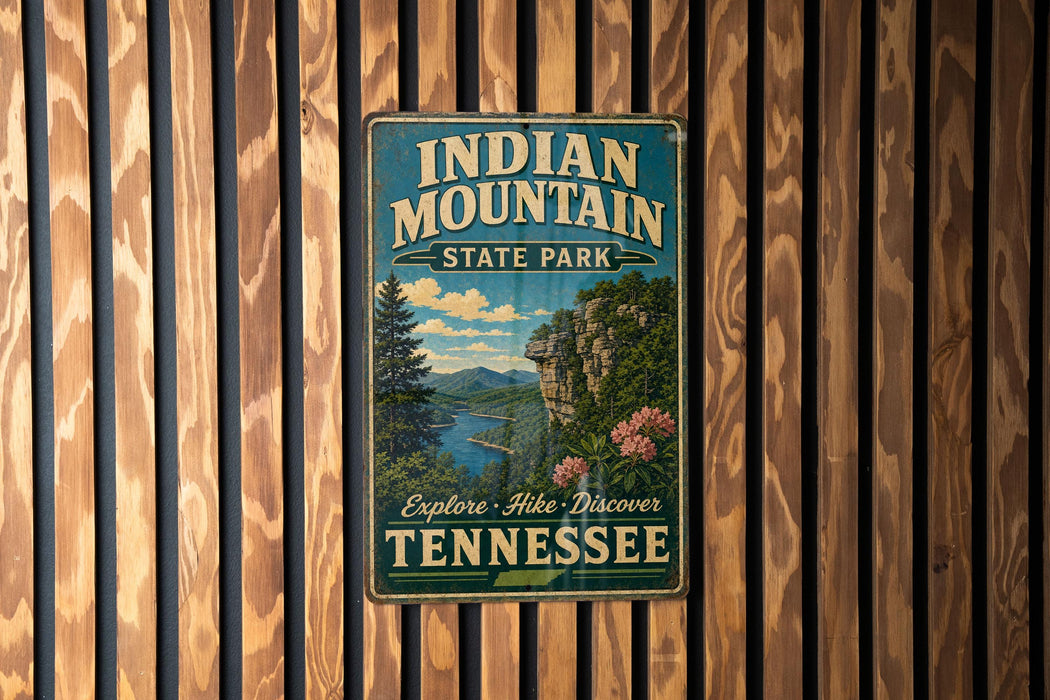 A vintage metal sign for Indian Mountain State Park in Tennessee, featuring a scenic landscape with a river, mountains, and pine trees.