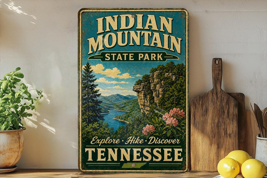 A vintage-style metal sign for Indian Mountain State Park in Tennessee, featuring a scenic landscape with mountains, trees, and a river.