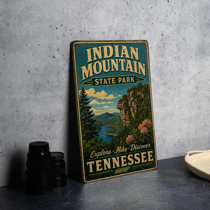 A vintage-style metal sign for Indian Mountain State Park in Tennessee, featuring a scenic landscape with mountains, trees, and a river.
