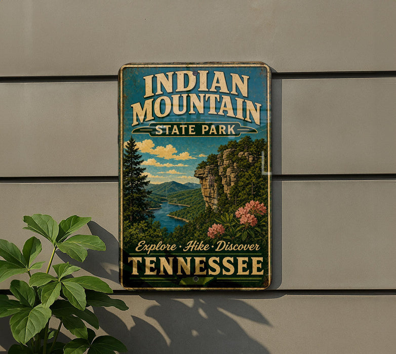 A vintage-style metal sign for Indian Mountain State Park in Tennessee, featuring a scenic landscape with mountains, trees, and a river.