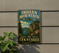 A vintage-style metal sign for Indian Mountain State Park in Tennessee, featuring a scenic landscape with mountains, trees, and a river.