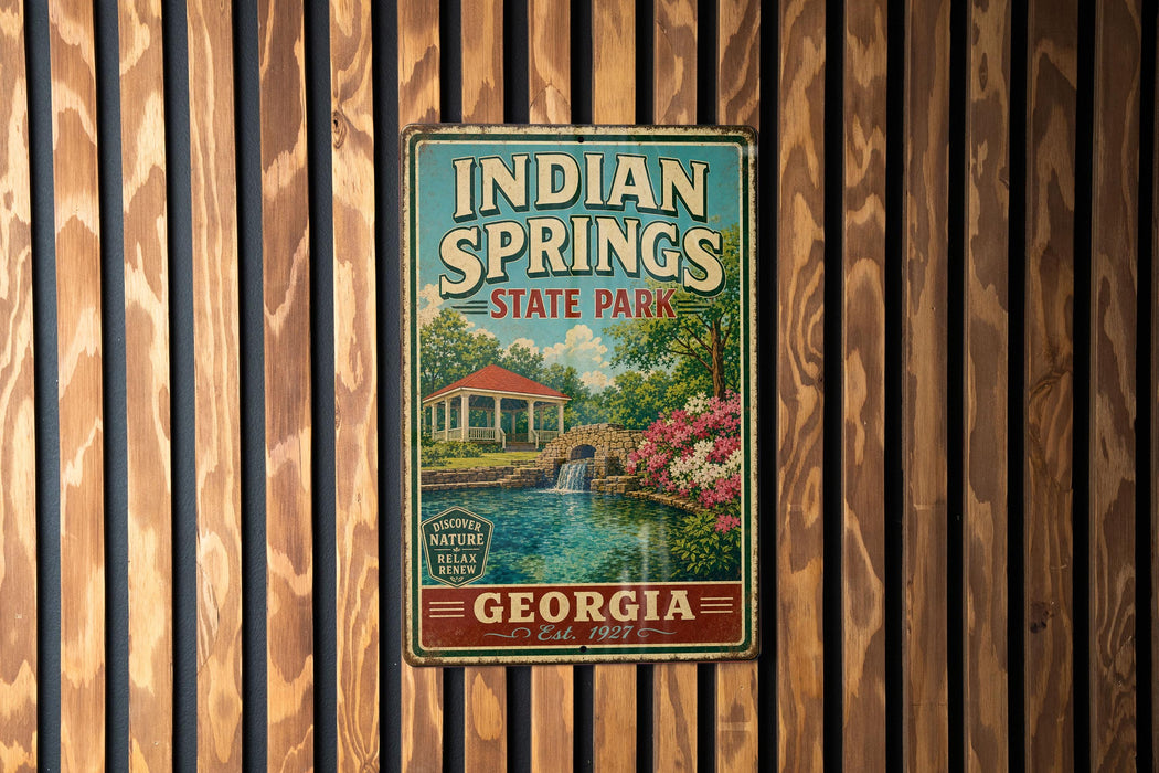 A vintage metal sign for Indian Springs State Park in Georgia, featuring a scenic illustration of a pond, waterfall, and surrounding landscape.