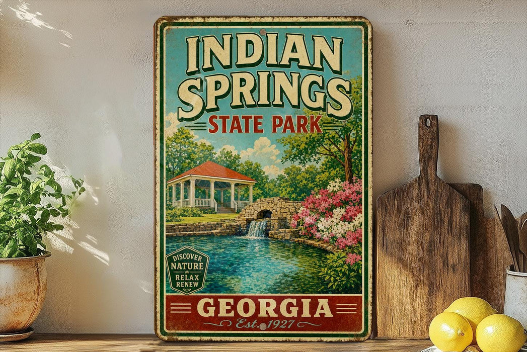 A vintage-style sign for Indian Springs State Park in Georgia, featuring a scenic illustration of a gazebo and a pond surrounded by lush greenery.