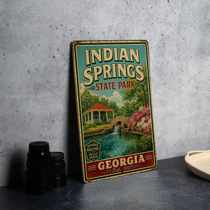 A vintage-style metal sign for Indian Springs State Park in Georgia, featuring a scenic illustration of a pond, gazebo, and waterfall.
