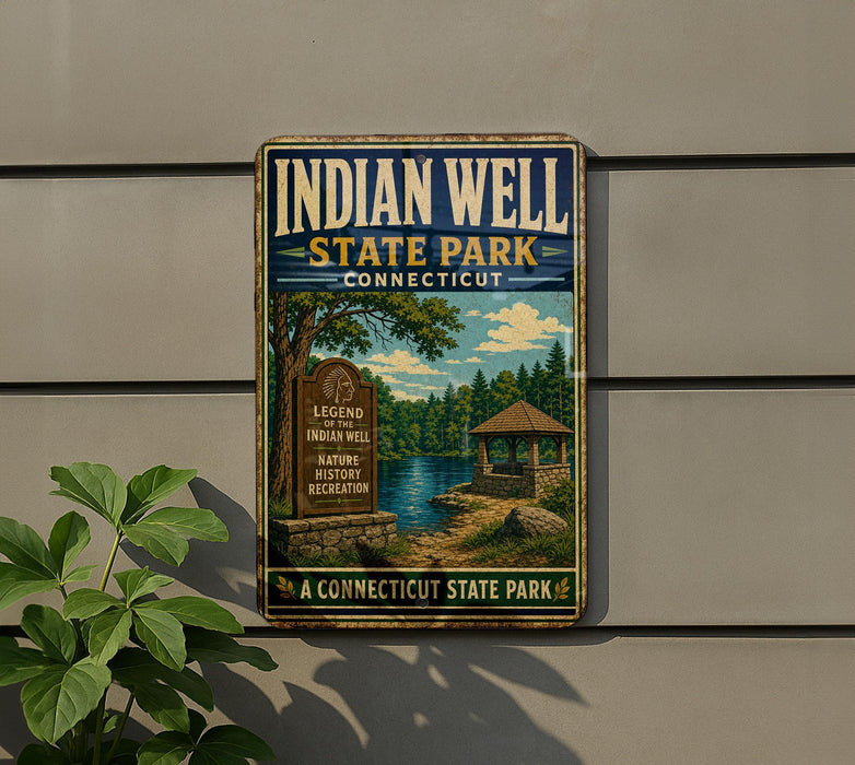 A vintage-style sign for Indian Well State Park in Connecticut, featuring a scenic landscape with a gazebo and a lake.