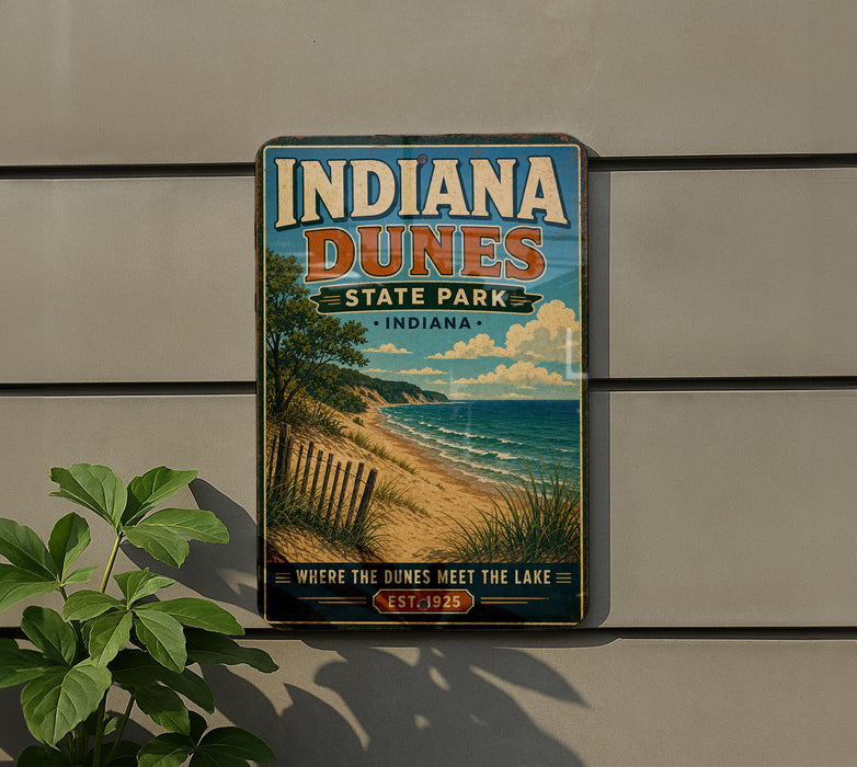 A vintage-style sign for Indiana Dunes State Park, featuring a beach scene with a lake and mountains in the background.