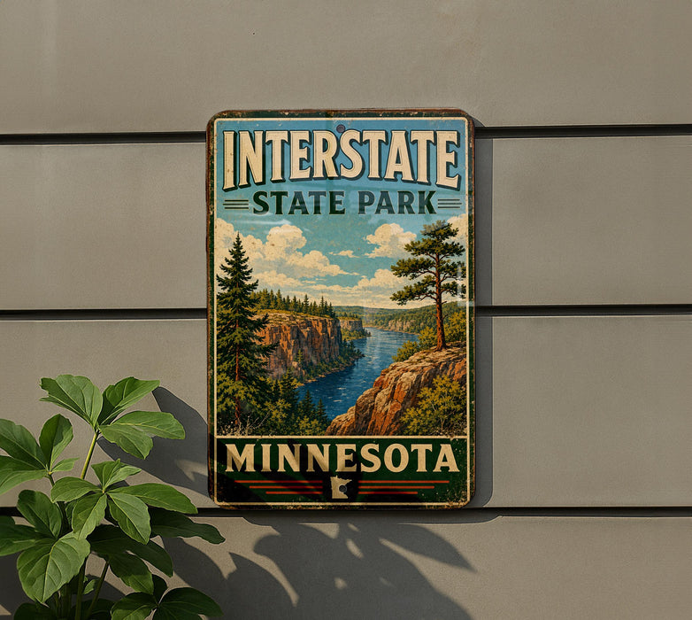 A vintage metal sign for Interstate State Park in Minnesota, featuring a scenic landscape with a river and mountains.