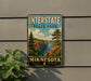 A vintage metal sign for Interstate State Park in Minnesota, featuring a scenic landscape with a river and mountains.