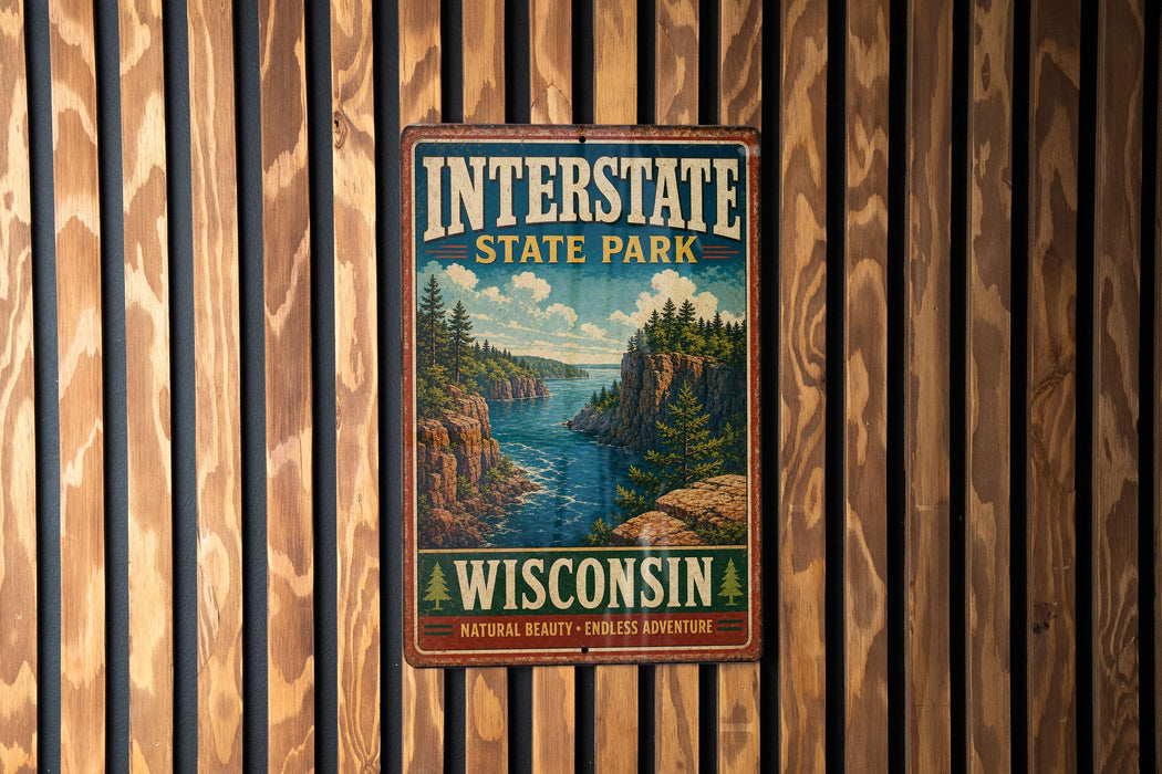 A vintage metal sign for Interstate State Park in Wisconsin, featuring a scenic landscape with a river, cliffs, and pine trees.