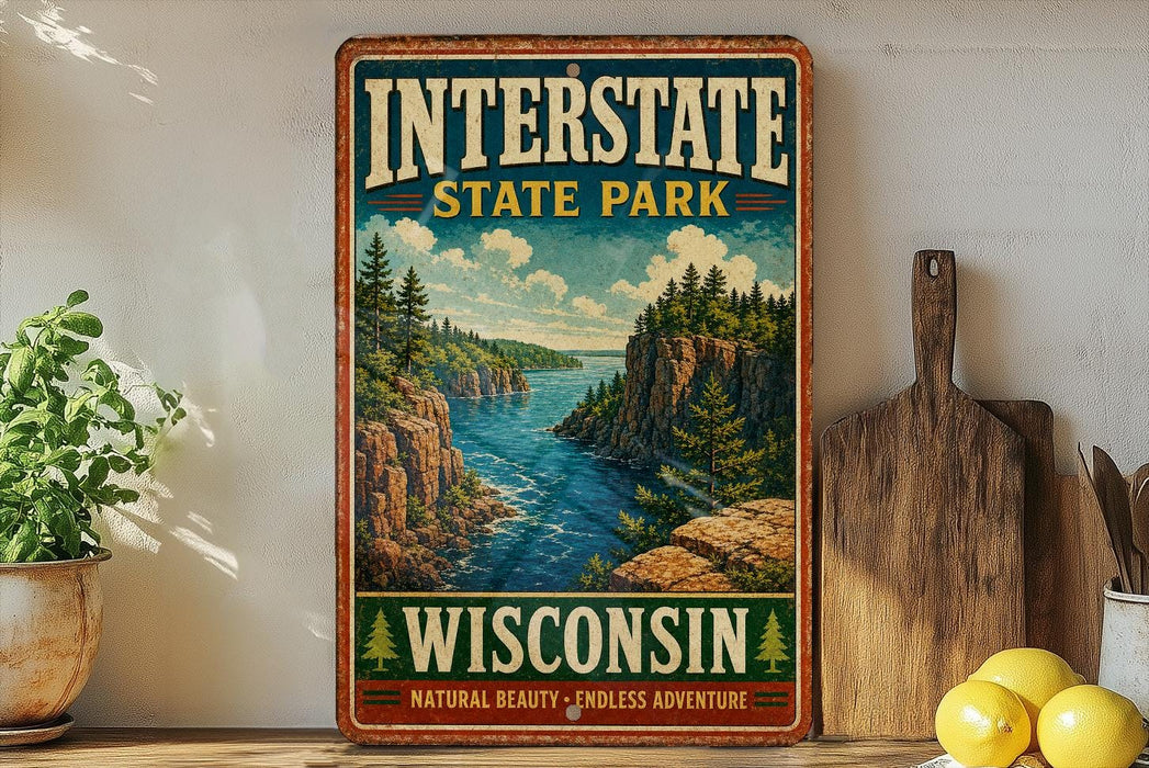 A vintage-style metal sign for Interstate State Park in Wisconsin, featuring a scenic landscape with a river, cliffs, and pine trees.
