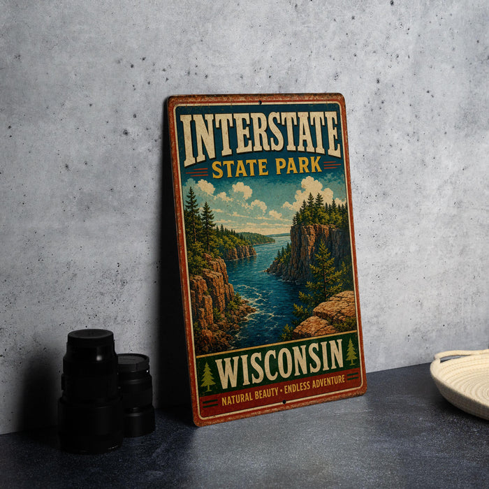A vintage-style metal sign for Interstate State Park in Wisconsin, featuring a scenic landscape with a river and mountains.