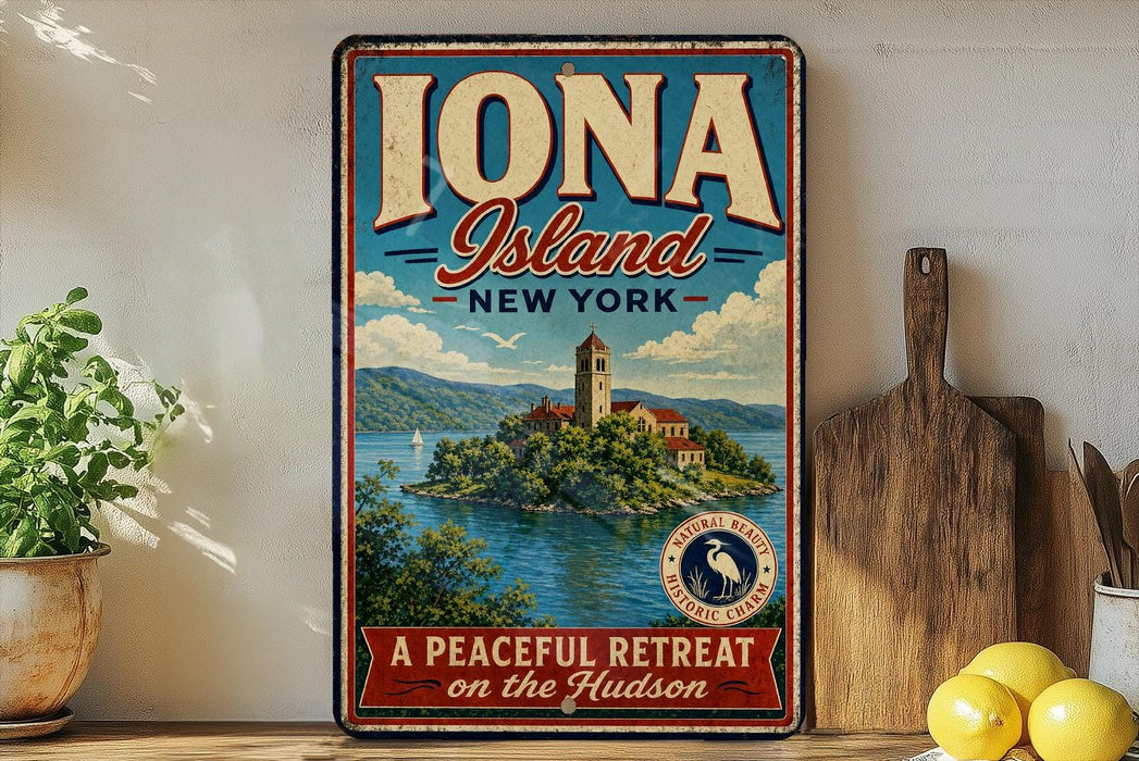 A vintage-style metal sign advertising "Iona Island New York" and "A Peaceful Retreat on the Hudson", featuring a scenic illustration of the island and its surroundings.