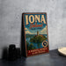 A vintage-style sign for Iona Island, New York, advertising a peaceful retreat on the Hudson.