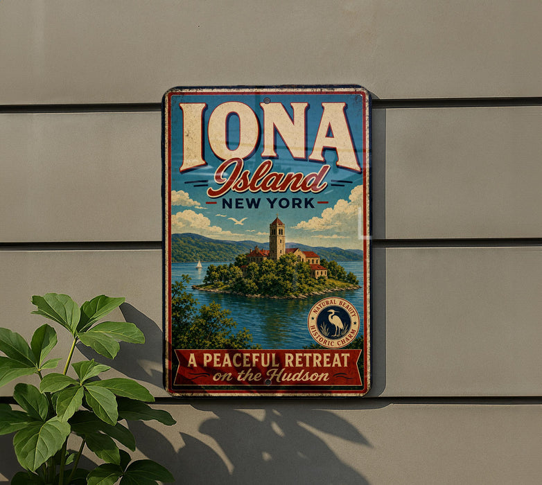 A vintage-style metal sign for Iona Island, New York, advertising a peaceful retreat on the Hudson.