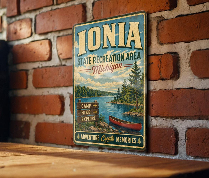 A vintage-style metal sign for the Ionia State Recreation Area in Michigan, featuring a scenic illustration of a lake, forest, and canoe.