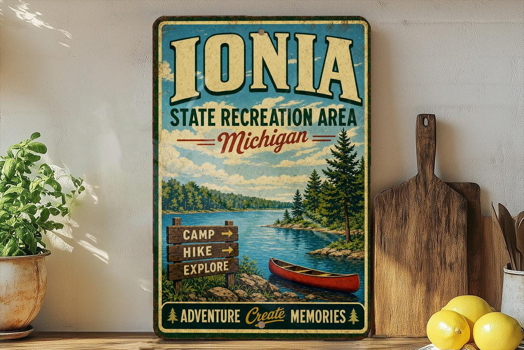 A vintage-style sign for the Ionia State Recreation Area in Michigan, featuring a scenic image of a lake, pine trees, and a canoe.