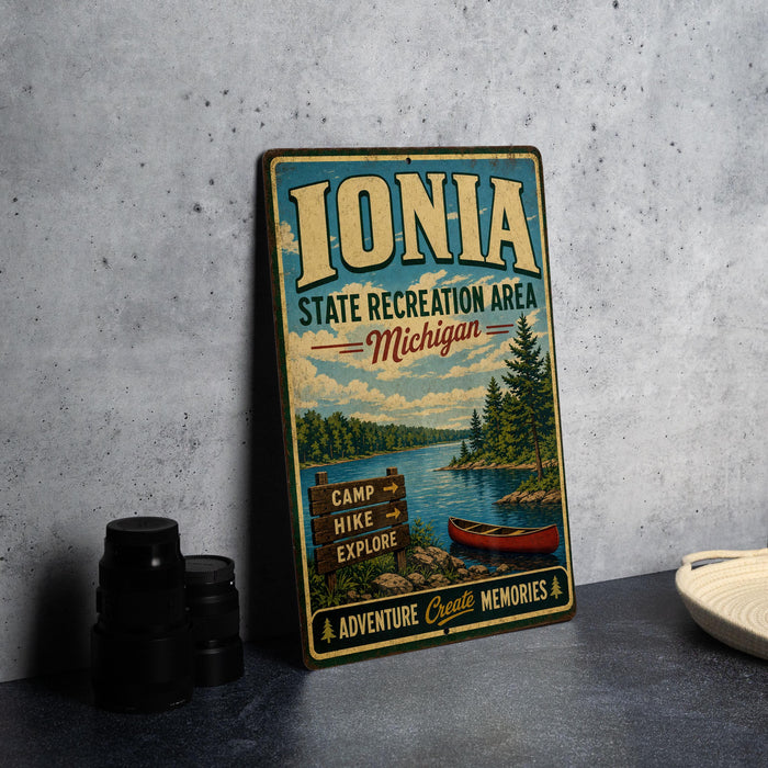 A vintage-style metal sign for the Ionia State Recreation Area in Michigan, featuring a scenic image of a lake, pine trees, and a canoe.