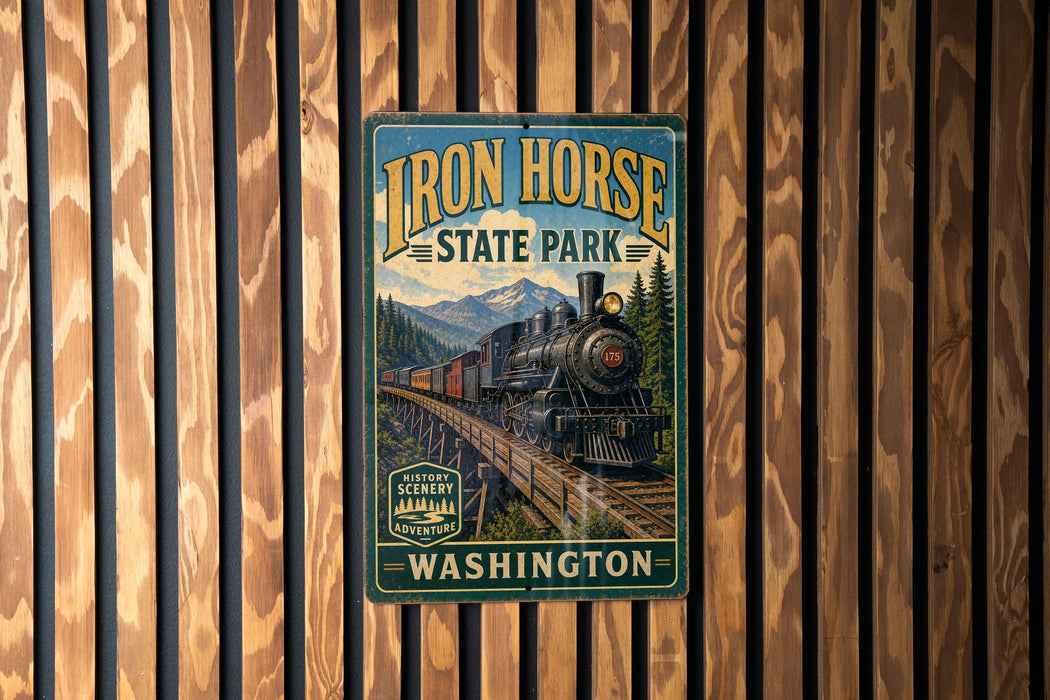 A vintage-style metal sign for Iron Horse State Park in Washington, featuring a train on a bridge and surrounded by mountains.