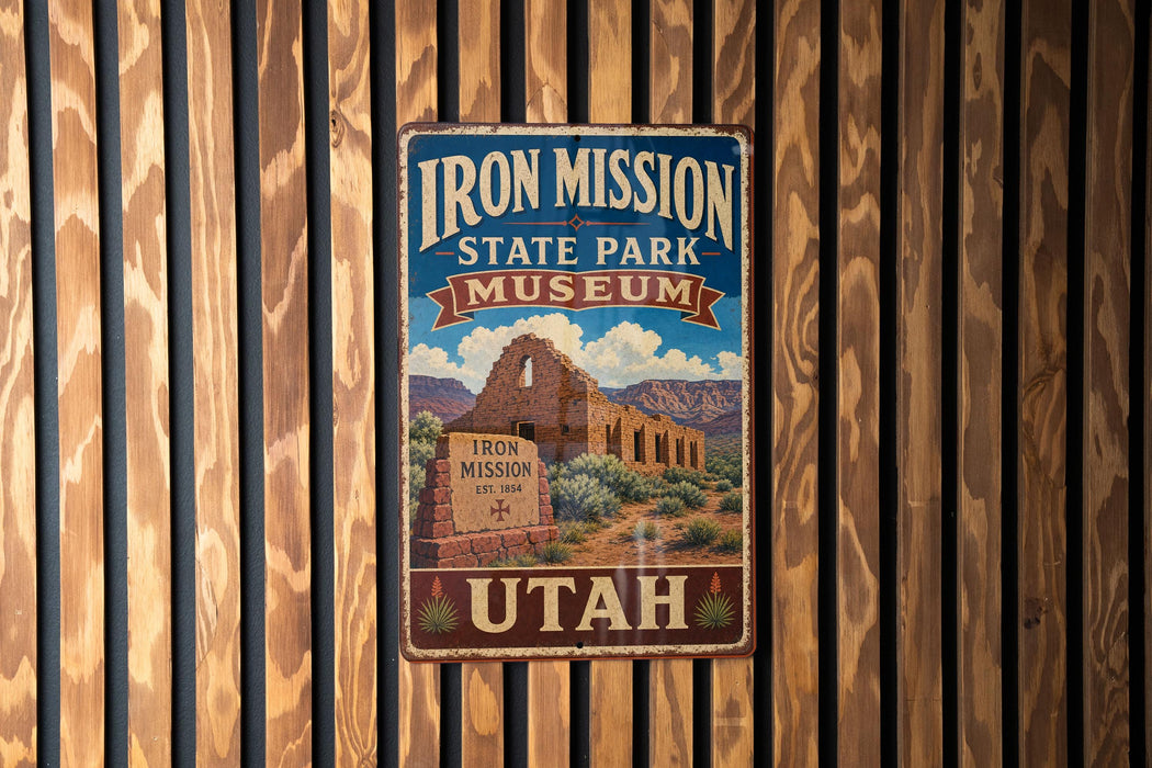A vintage-style metal sign for Iron Mission State Park Museum in Utah, featuring an illustration of a historic building surrounded by desert landscape.