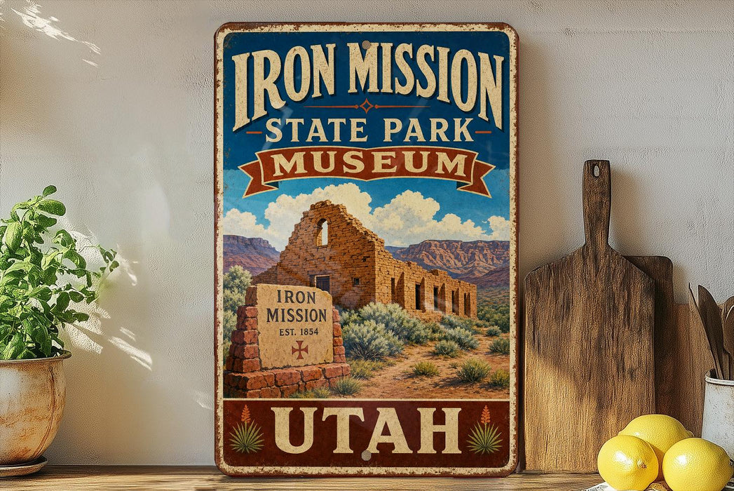 a vintage-style sign for the Iron Mission State Park Museum in Utah, with a desert landscape and a sign that reads "Iron Mission Est. 1864".