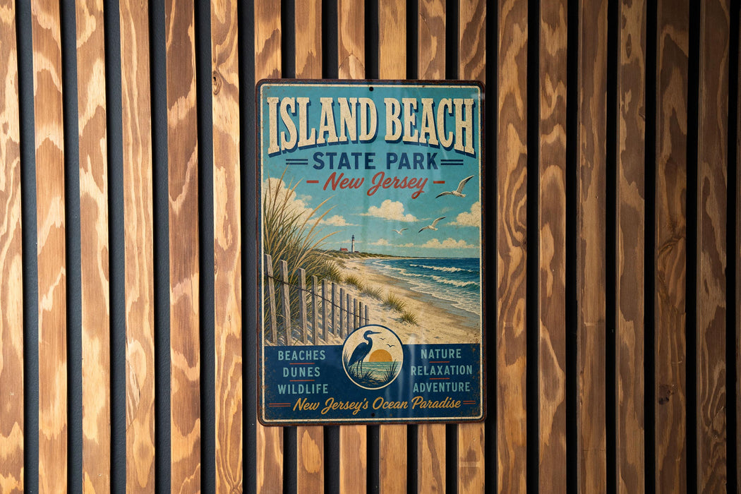 A vintage metal sign for Island Beach State Park in New Jersey, featuring a beach scene with a lighthouse and birds, mounted on a wooden wall.