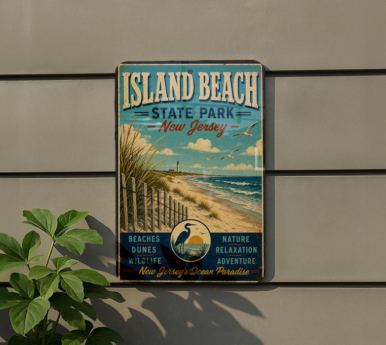A vintage-style metal sign for Island Beach State Park in New Jersey, featuring a beach scene with a lighthouse and birds flying overhead.