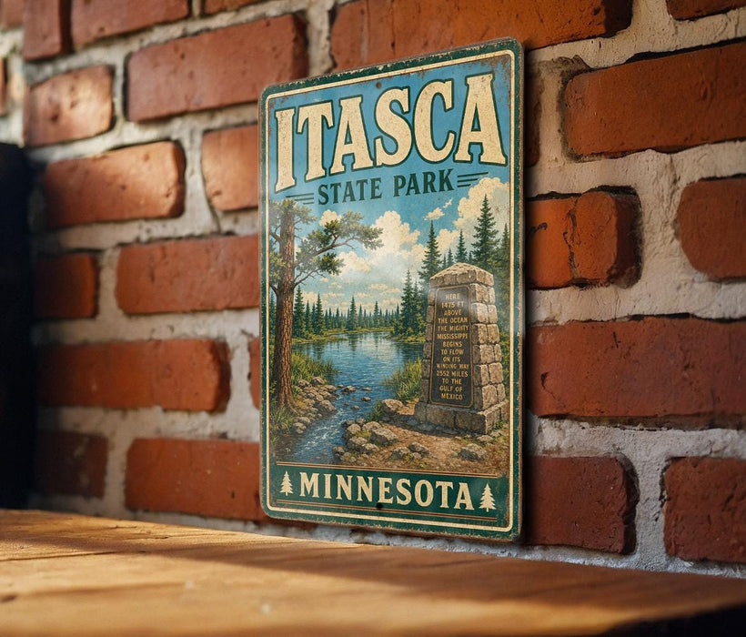 A vintage-style metal sign for Itasca State Park in Minnesota, featuring a scenic landscape with a river, pine trees, and a monument.