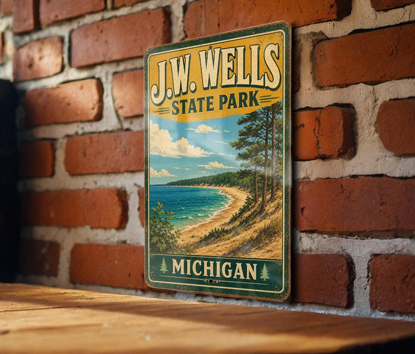 A vintage-style metal sign for JW. Wells State Park in Michigan, featuring a scenic landscape with a beach, mountains, and a lake.