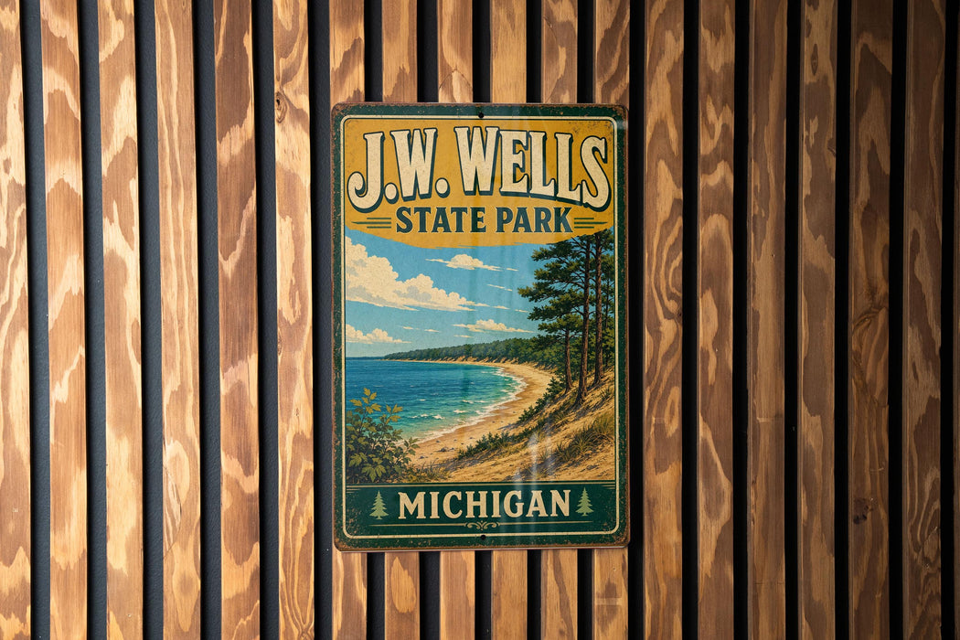 A vintage-style metal sign for JW Wells State Park in Michigan, featuring a scenic landscape with a beach, trees, and a lake.