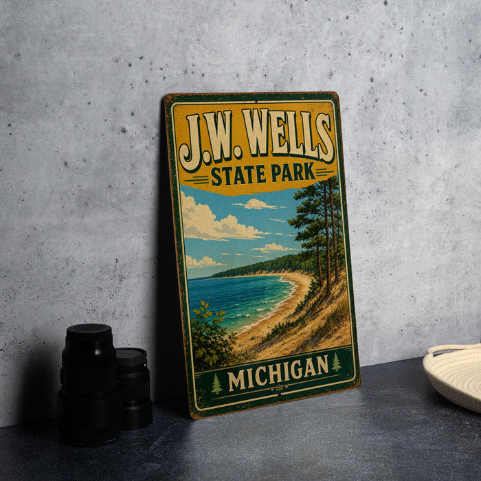 A vintage-style metal sign for J.W. Wells State Park in Michigan, featuring a scenic landscape with a beach and pine trees.