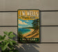 A vintage-style metal sign for J.W. Wells State Park in Michigan, featuring a scenic landscape with a beach, pine trees, and a lake.