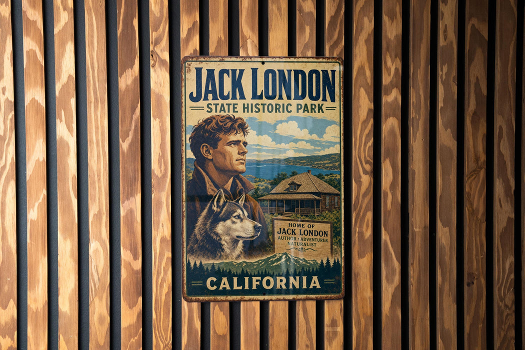 A vintage metal sign for Jack London State Historic Park in California, featuring a portrait of a man and a dog.