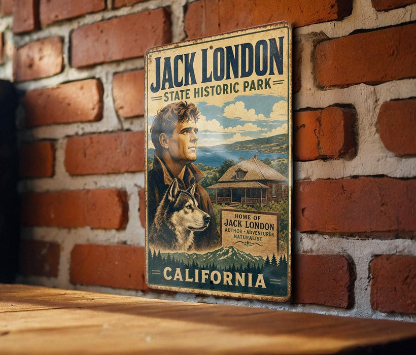 A vintage-style metal sign for Jack London State Historic Park in California, featuring a portrait of a man and a dog.