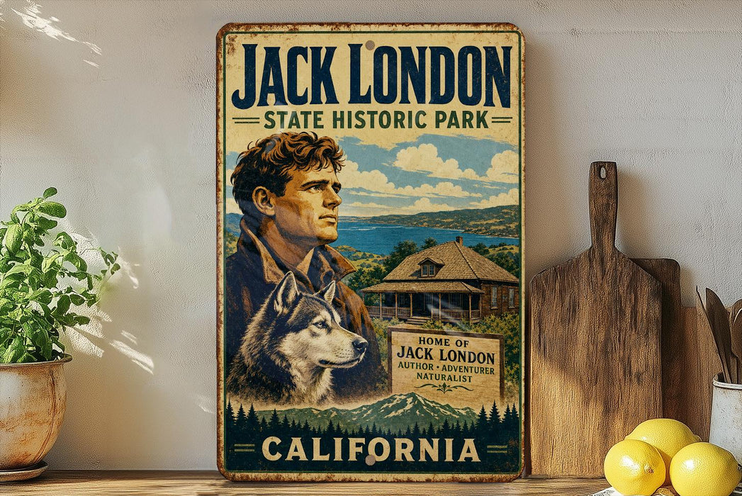 A vintage-style sign for Jack London's State Historic Park in California, featuring a portrait of a man and a dog, with a scenic landscape in the background.