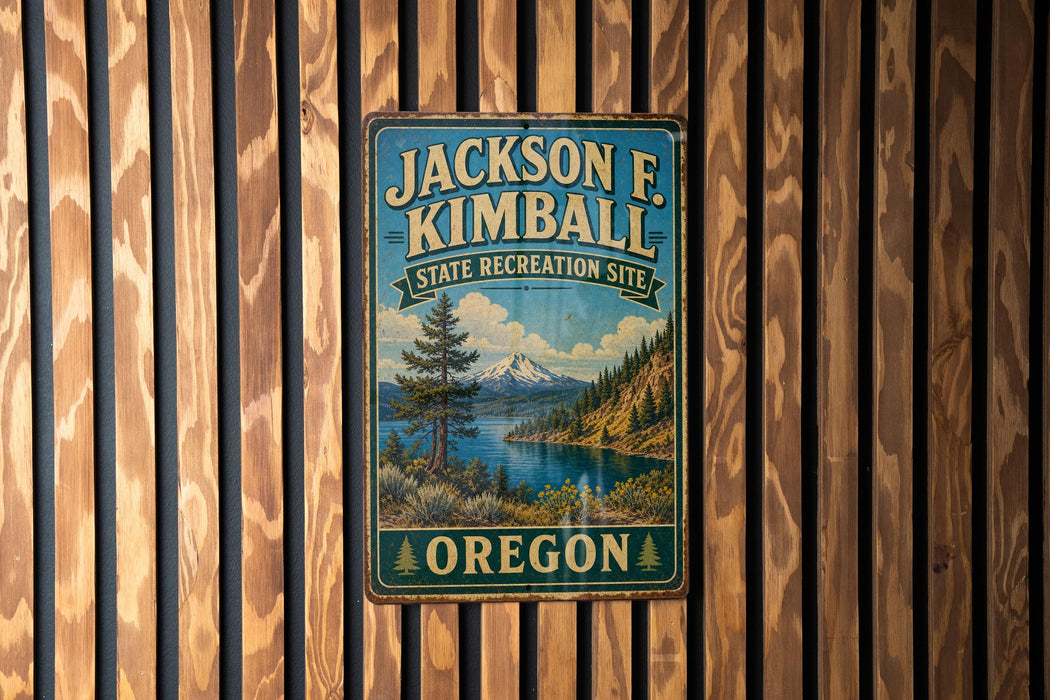 A vintage metal sign for the Jackson F. Kimball State Recreation Site in Oregon, featuring a scenic mountain landscape.