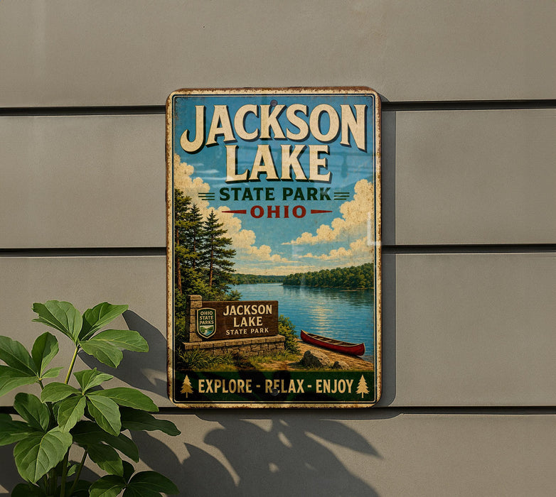 A vintage-style metal sign for Jackson Lake State Park in Ohio, featuring a scenic image of the lake and surrounding landscape.