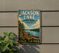 A vintage-style metal sign for Jackson Lake State Park in Ohio, featuring a scenic image of the lake and surrounding landscape.