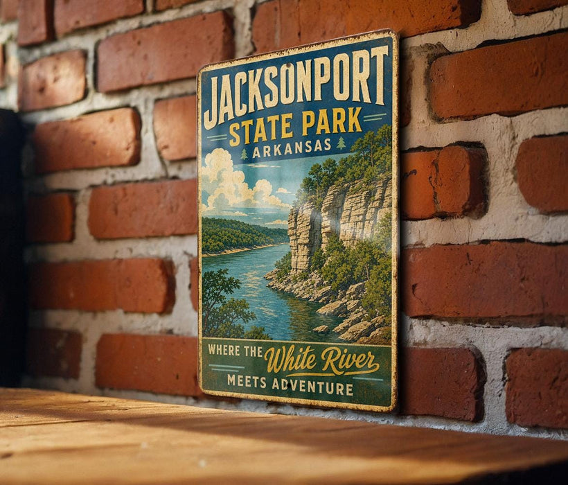A vintage-style metal sign for Jacksonport State Park in Arkansas, featuring a scenic illustration of the White River and the surrounding landscape.