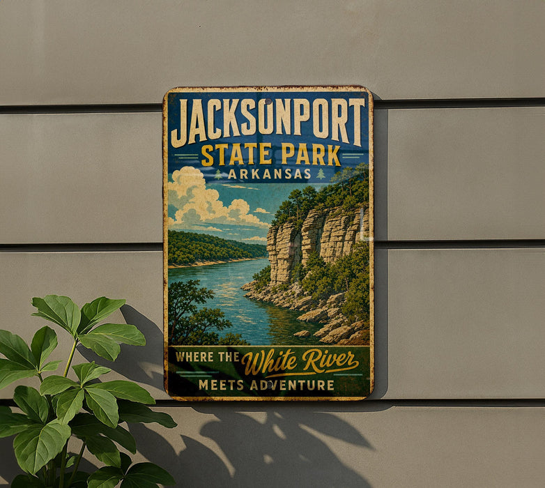 A vintage-style sign for Jacksonport State Park in Arkansas, featuring a scenic image of the White River and the surrounding landscape.