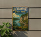 A vintage-style sign for Jacksonport State Park in Arkansas, featuring a scenic image of the White River and the surrounding landscape.