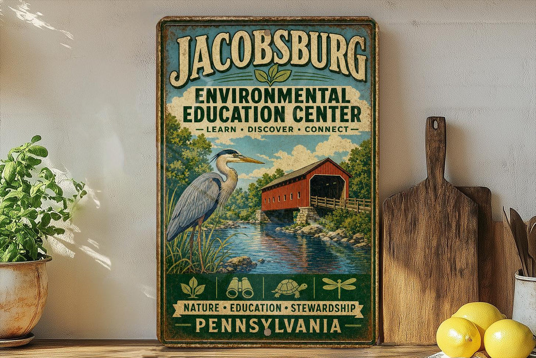 A vintage-style sign for the Jacobburg Environmental Education Center in Pennsylvania, featuring a blue heron and a red bridge.